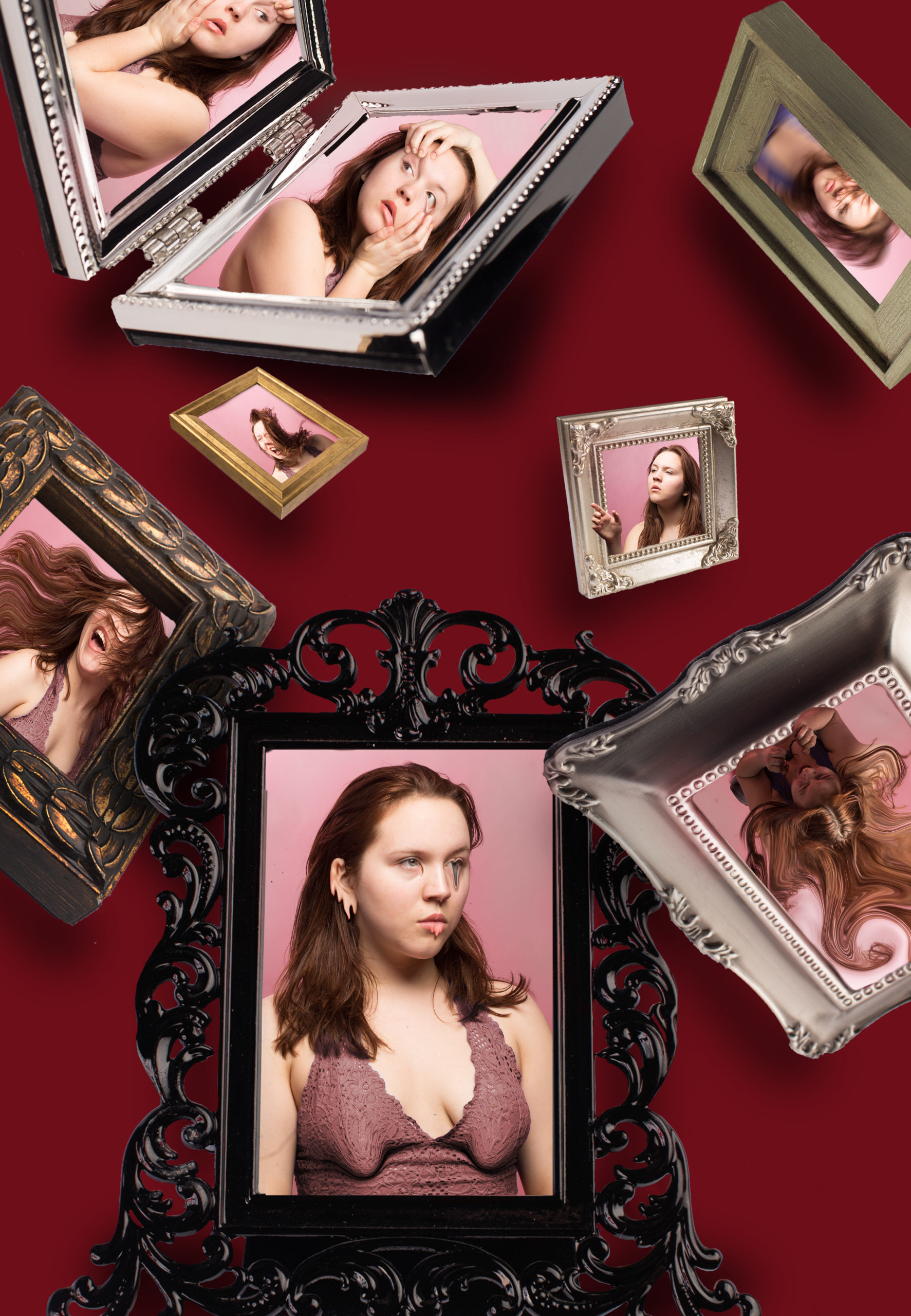 An Photomontage depictig the artist inserted into a variety of photo frames, her image is warped and liquified, often to exxagerate percieved flaws