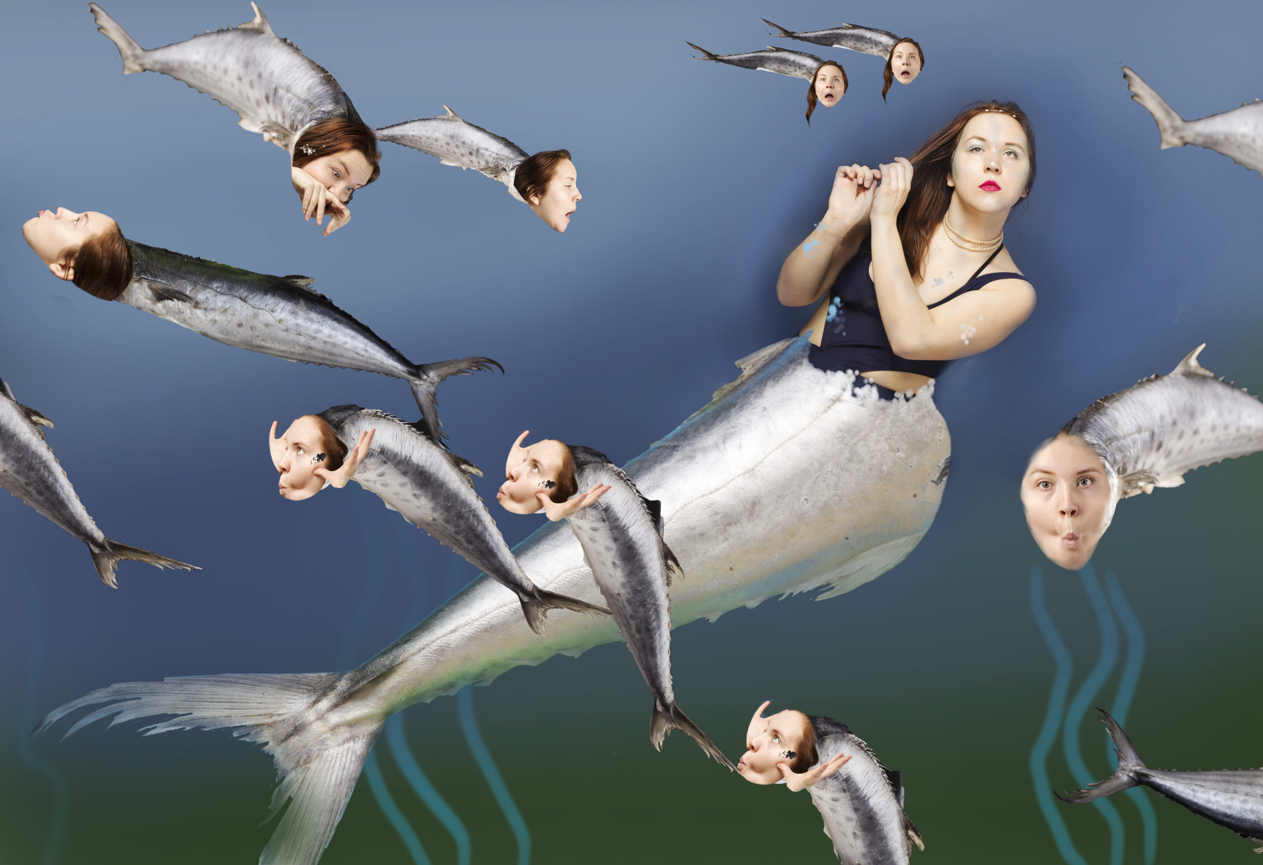 A photomontage depicting images of the artists edited with a fishtail over her legs, as well as edited over the faces of many fish in the background