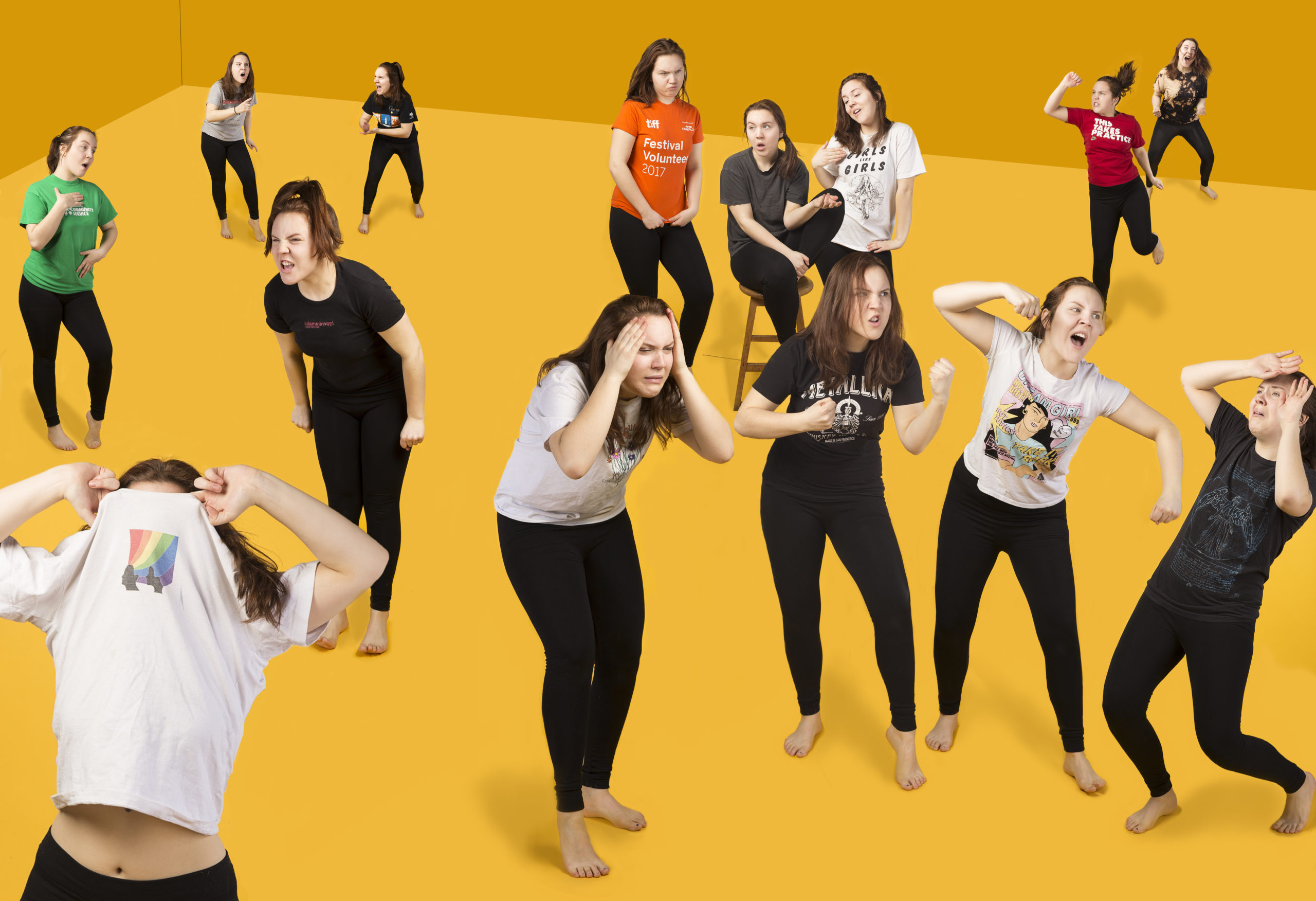 Photomontage depicting a dozen different versions of the artist against a yellow background, they are each wearing a different T-Shirt and shouting dramatically