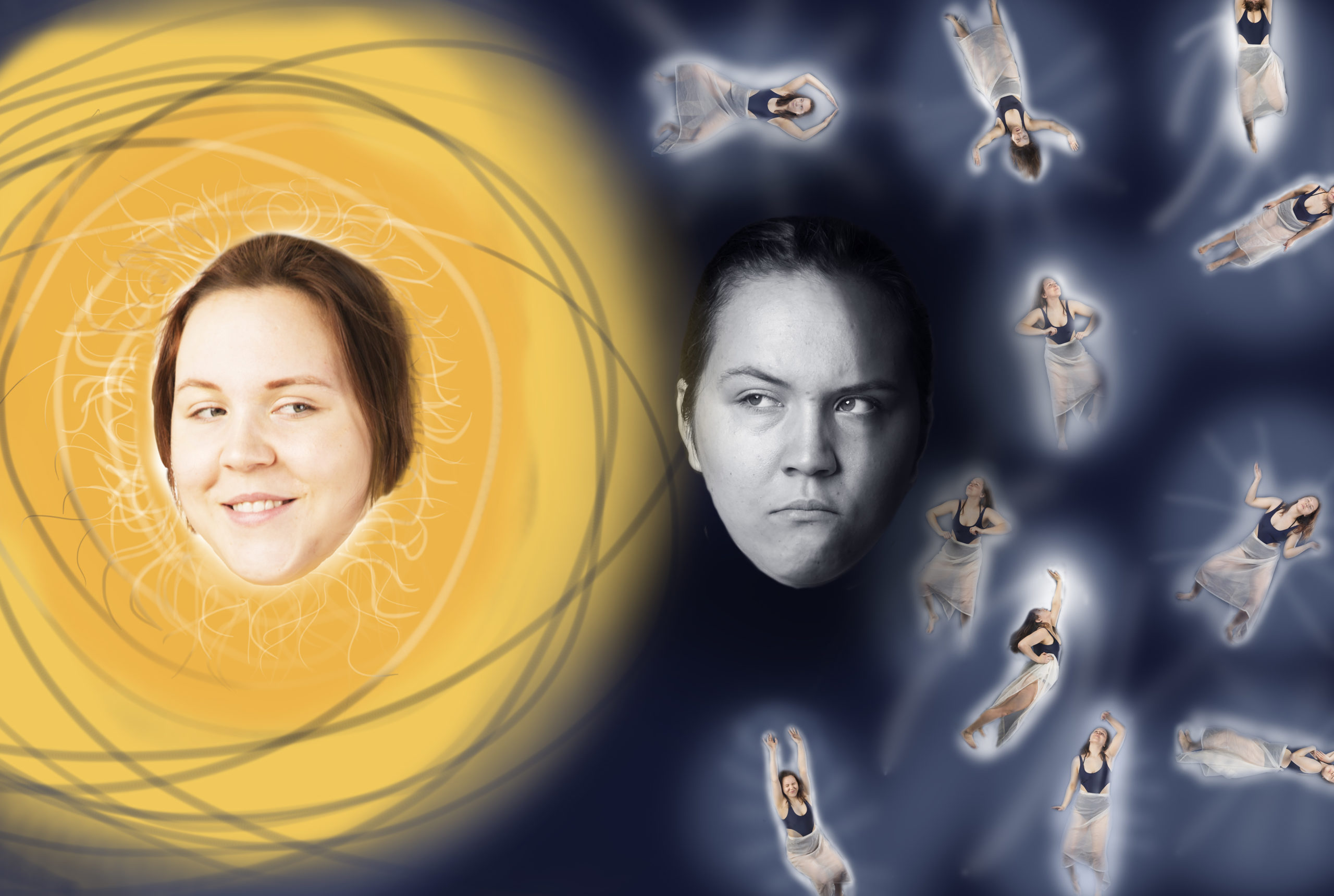 Photomontage depicting the artist as both the sun, the moon, and the stars.